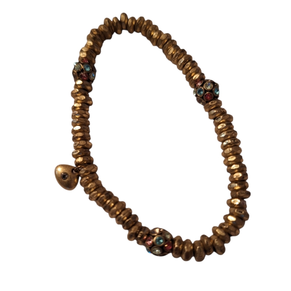 Fossil Branded Gold Toned Beaded Stretchy Bracelet Pave Color Crystal Accents
